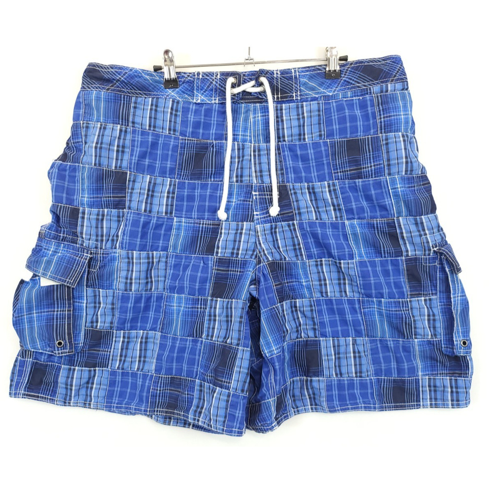 RoundTree & Yorke Cargo‎ Board Shorts Blue Plaid Drawstring Mesh Lined Men XL